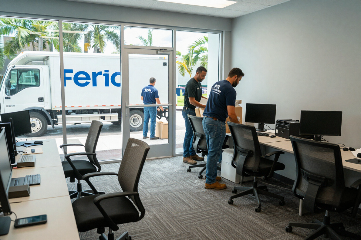 Commercial office cleanout with crew removing furniture and equipment from a vacant office suite