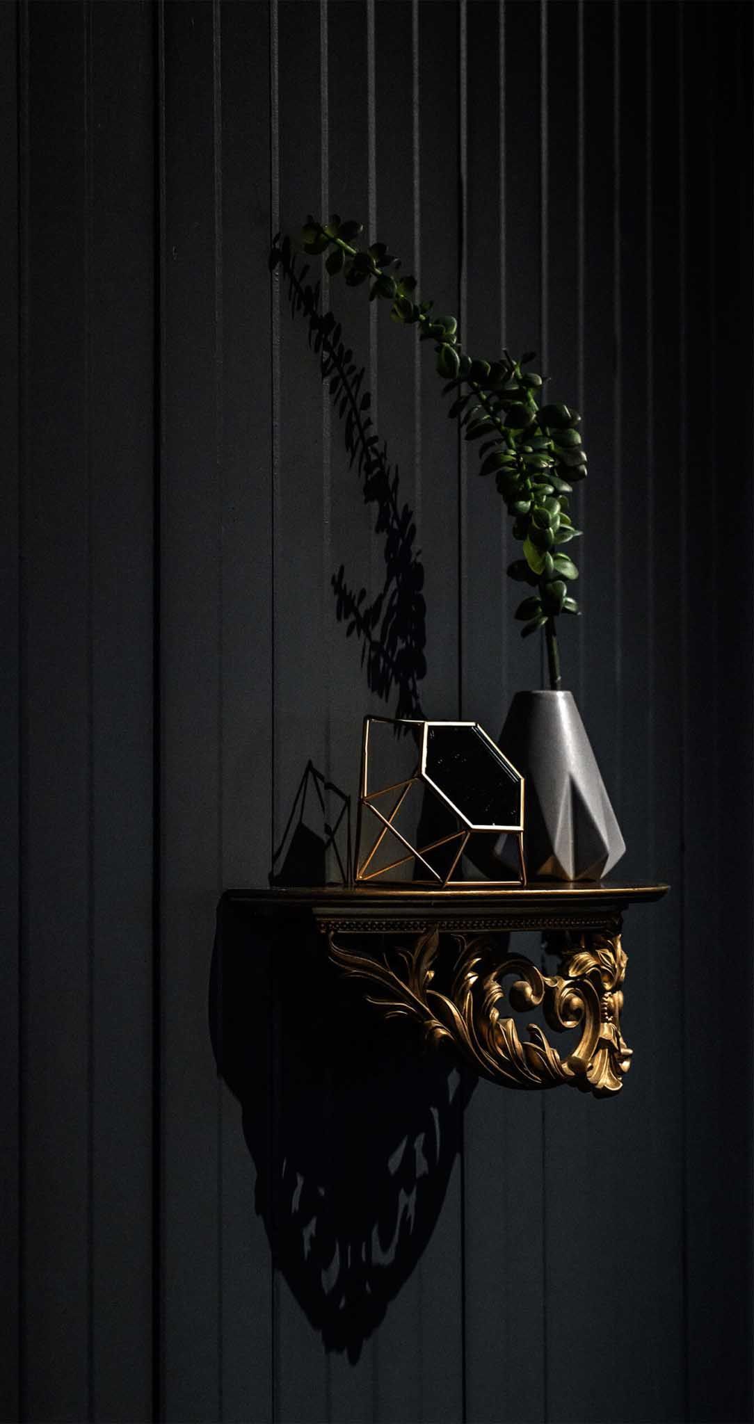&Eacute;tag&egrave;re avec vases et plantes vertes contre un mur lambriss&eacute; sombre.