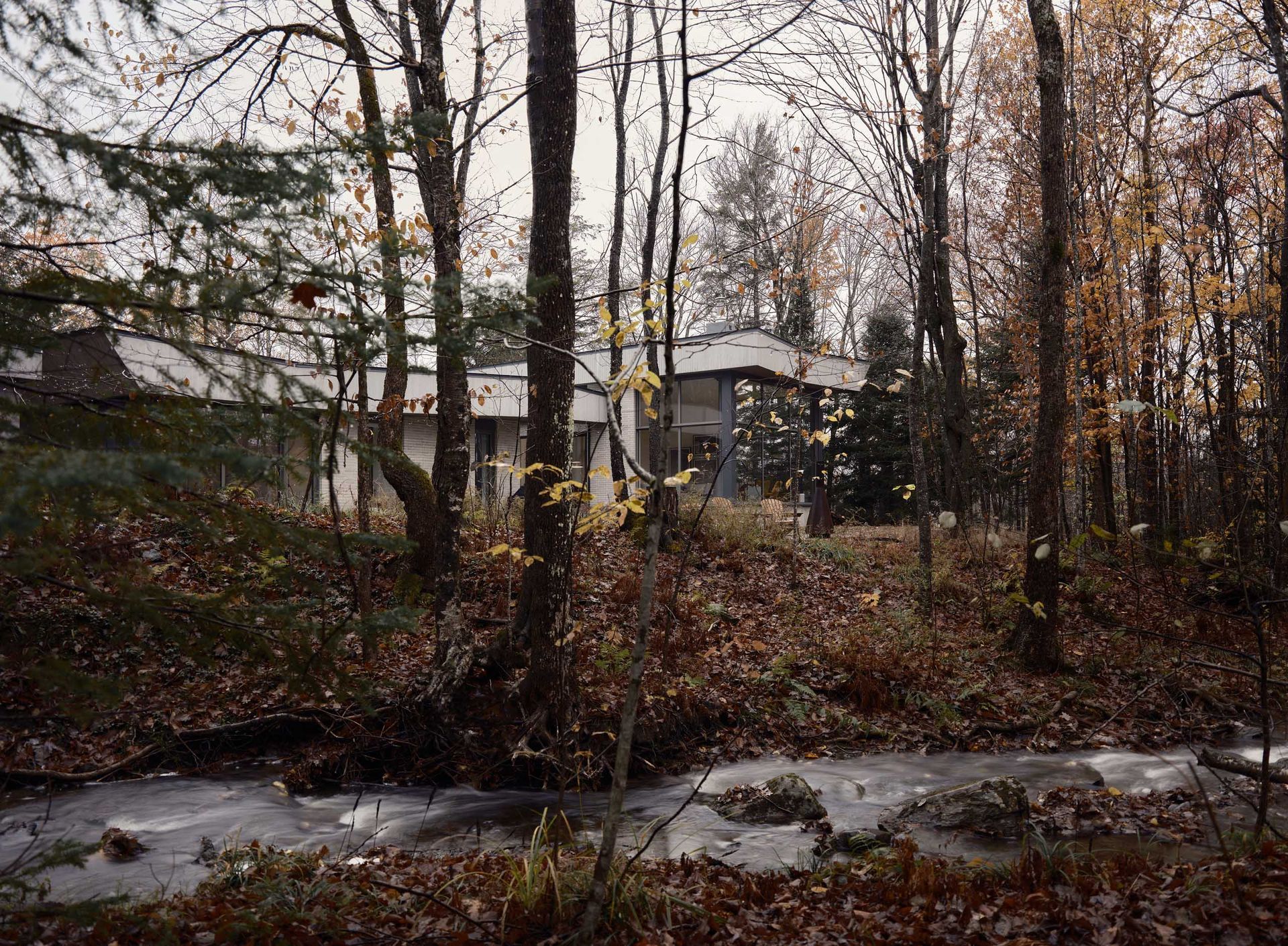 Une maison nich&eacute;e au milieu des arbres, surplombant un petit ruisseau aux couleurs automnales.