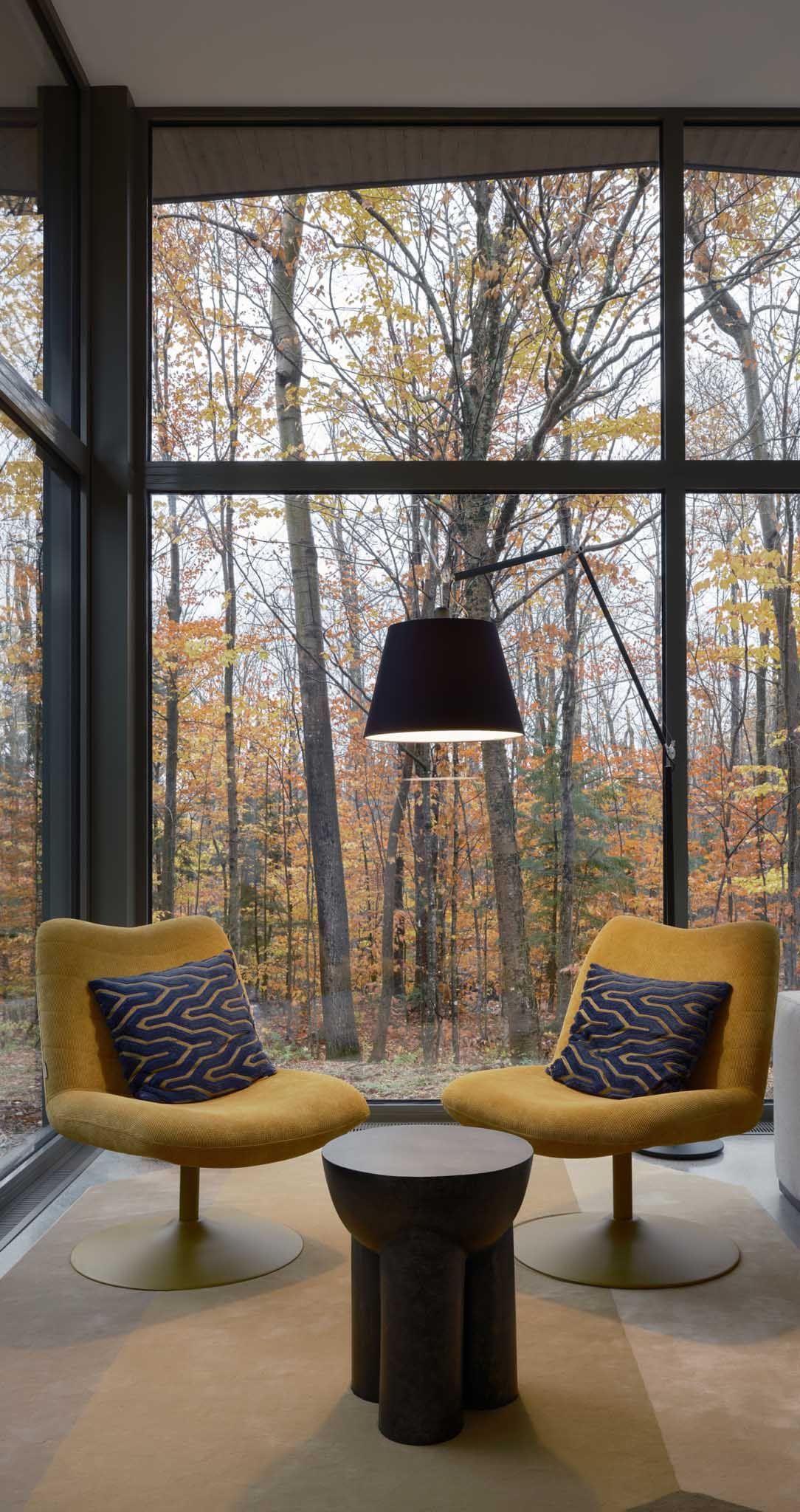 Deux fauteuils jaunes orn&eacute;s de coussins &agrave; motifs font face &agrave; une vue sur la for&ecirc;t &agrave; travers de grandes fen&ecirc;tres. Une suspension noire &eacute;claire un tabouret sombre.