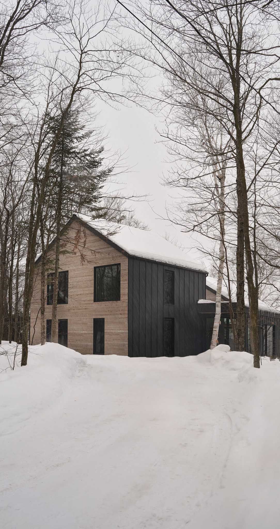 Maison moderne au toit et aux fa&ccedil;ades enneig&eacute;s, nich&eacute;e parmi les arbres couverts de neige en hiver.