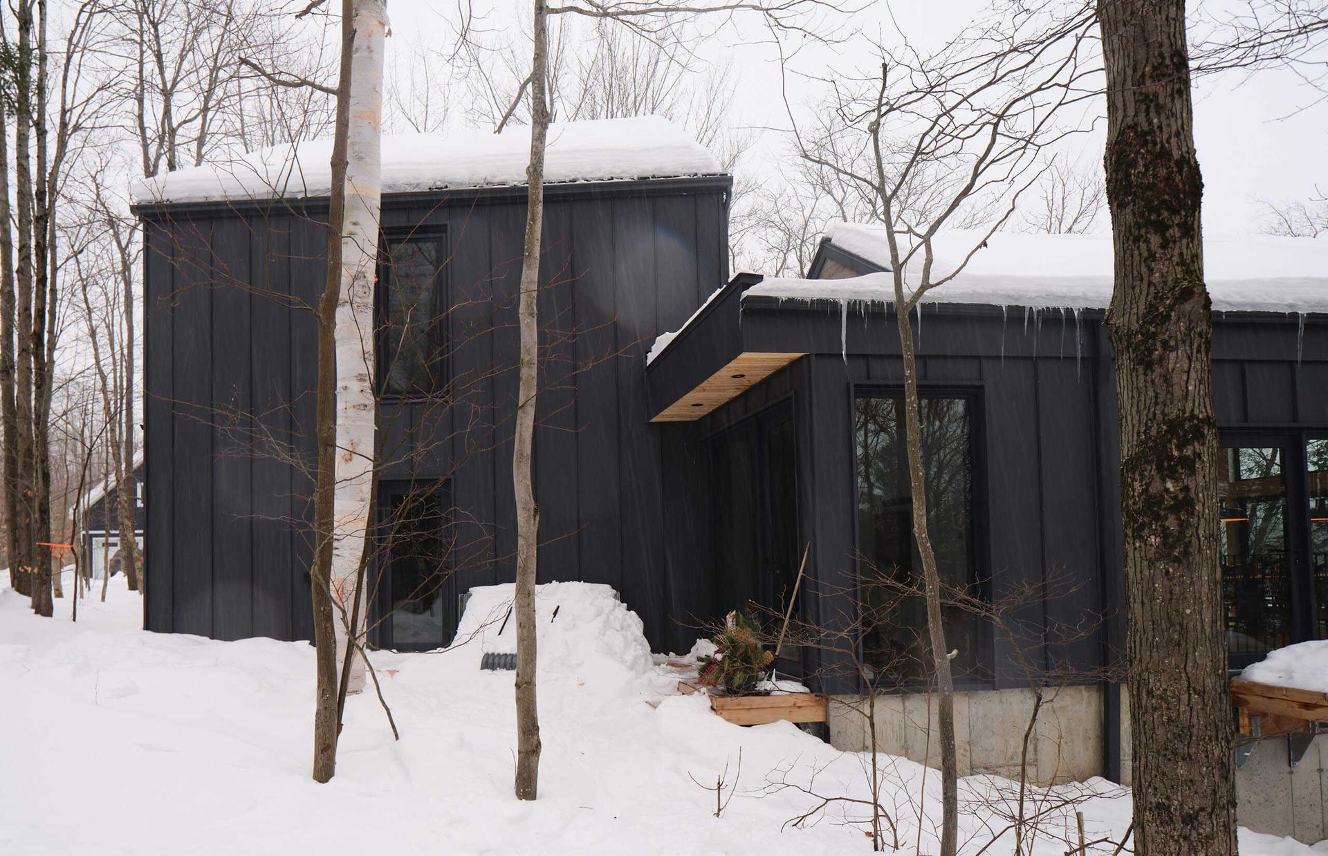 Maison moderne gris fonc&eacute; dans une for&ecirc;t enneig&eacute;e. Neige sur le toit et le sol, arbres au premier plan.