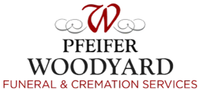 Pfeiffer Woodyard Funeral & Cremation Services logo with red and black text and decorative scrollwork