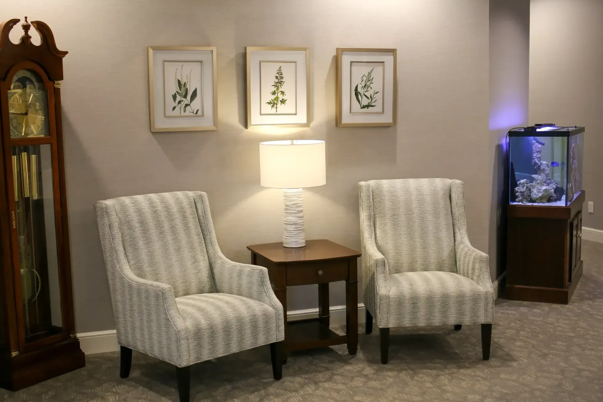Two striped armchairs, a lamp table, framed art, grandfather clock, and aquarium in a softly lit room