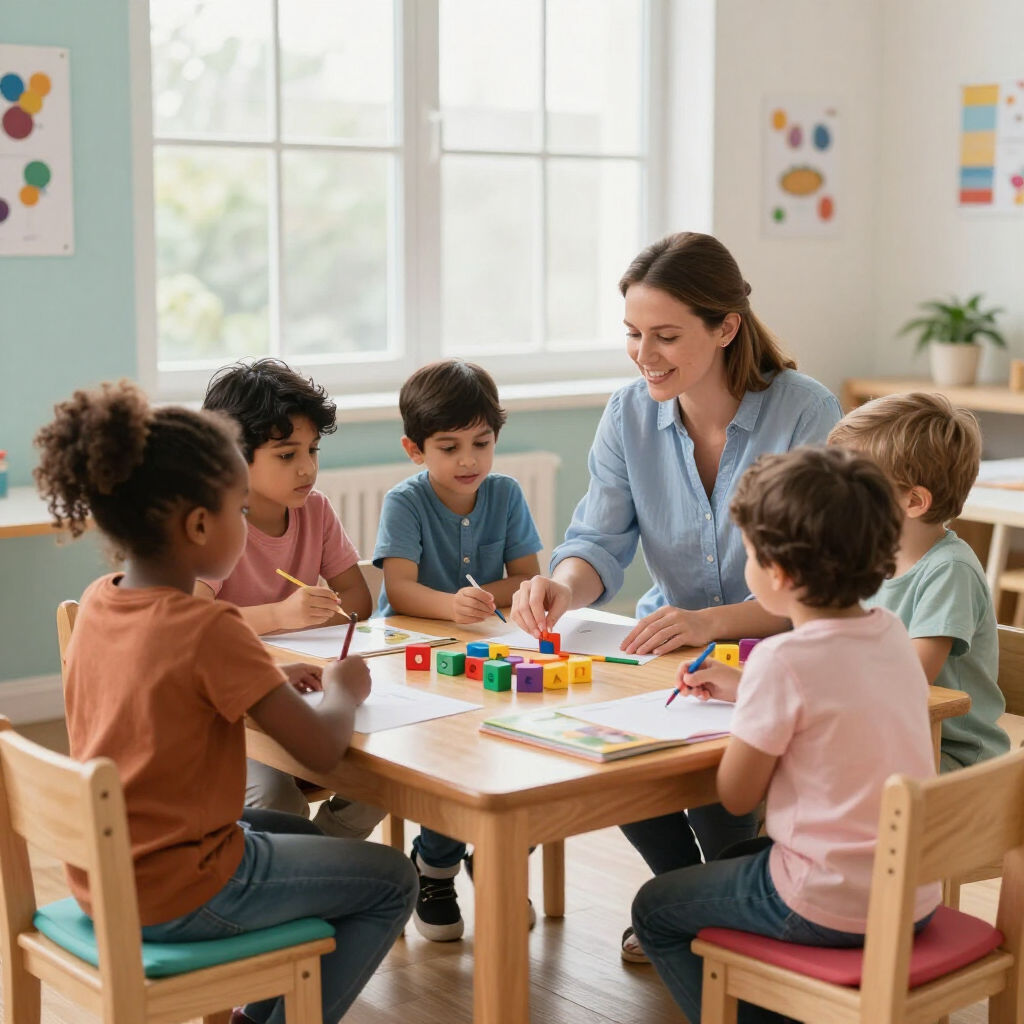 Teacher helping children with colorful blocks at a classroom table near a bright window