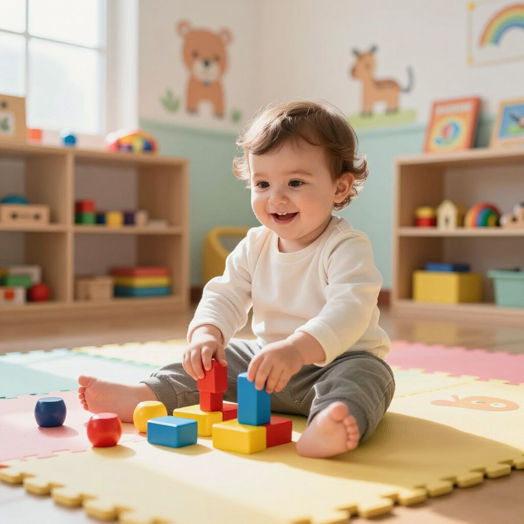 Toddler playing with colorful blocks on a foam mat in a bright playroom