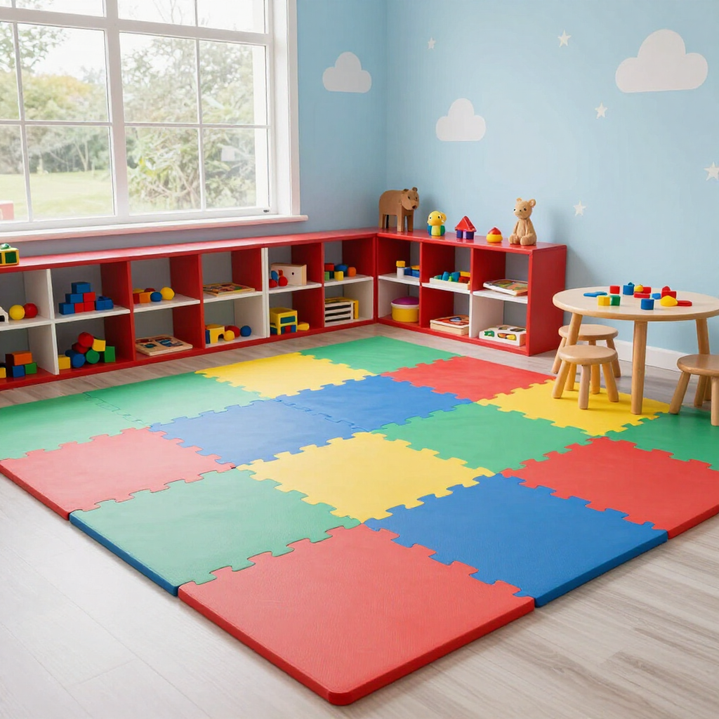 Bright playroom with colorful foam floor mats, toy shelves, window, and small children’s table and chairs