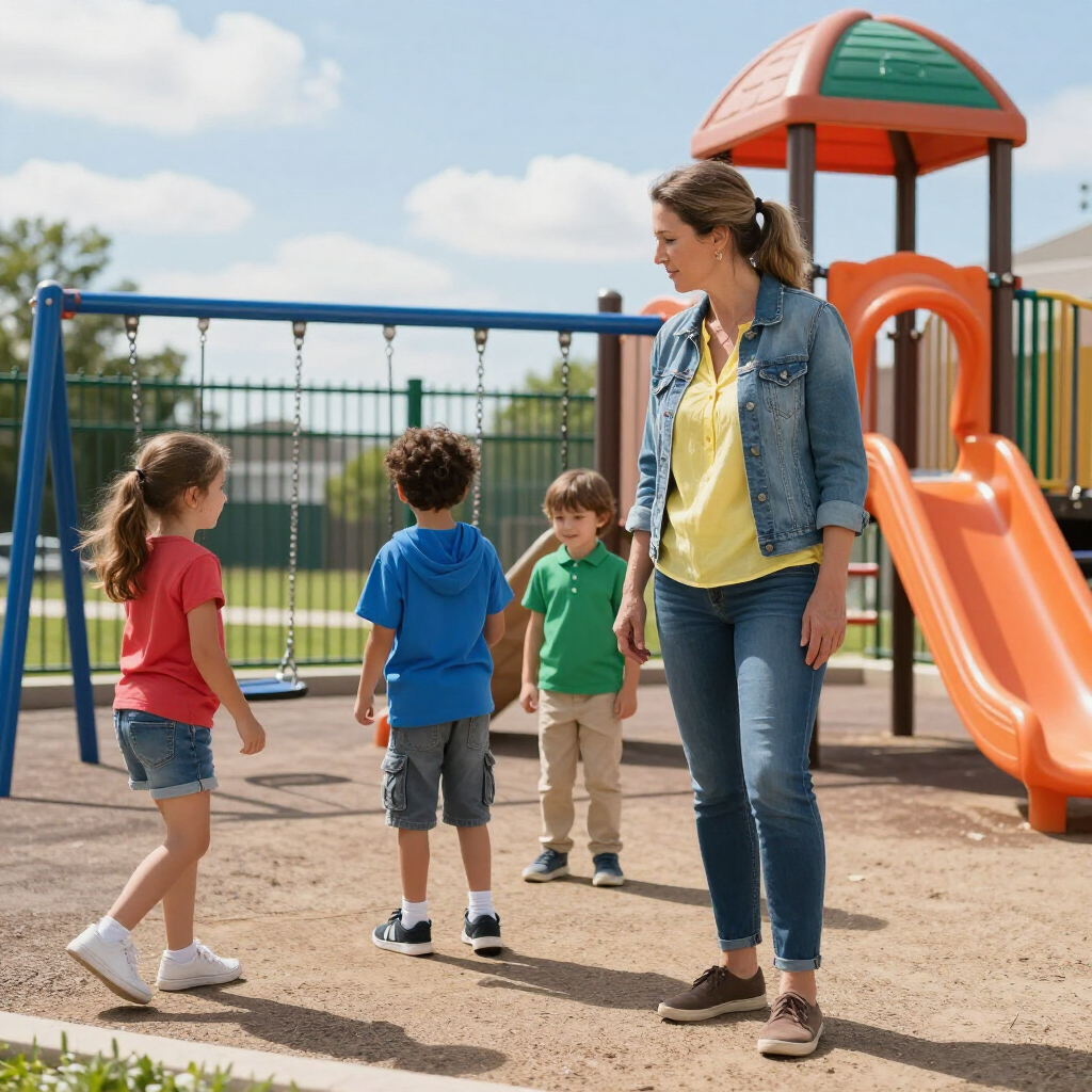 Children and an adult standing by a playground swing set and slide on a sunny day