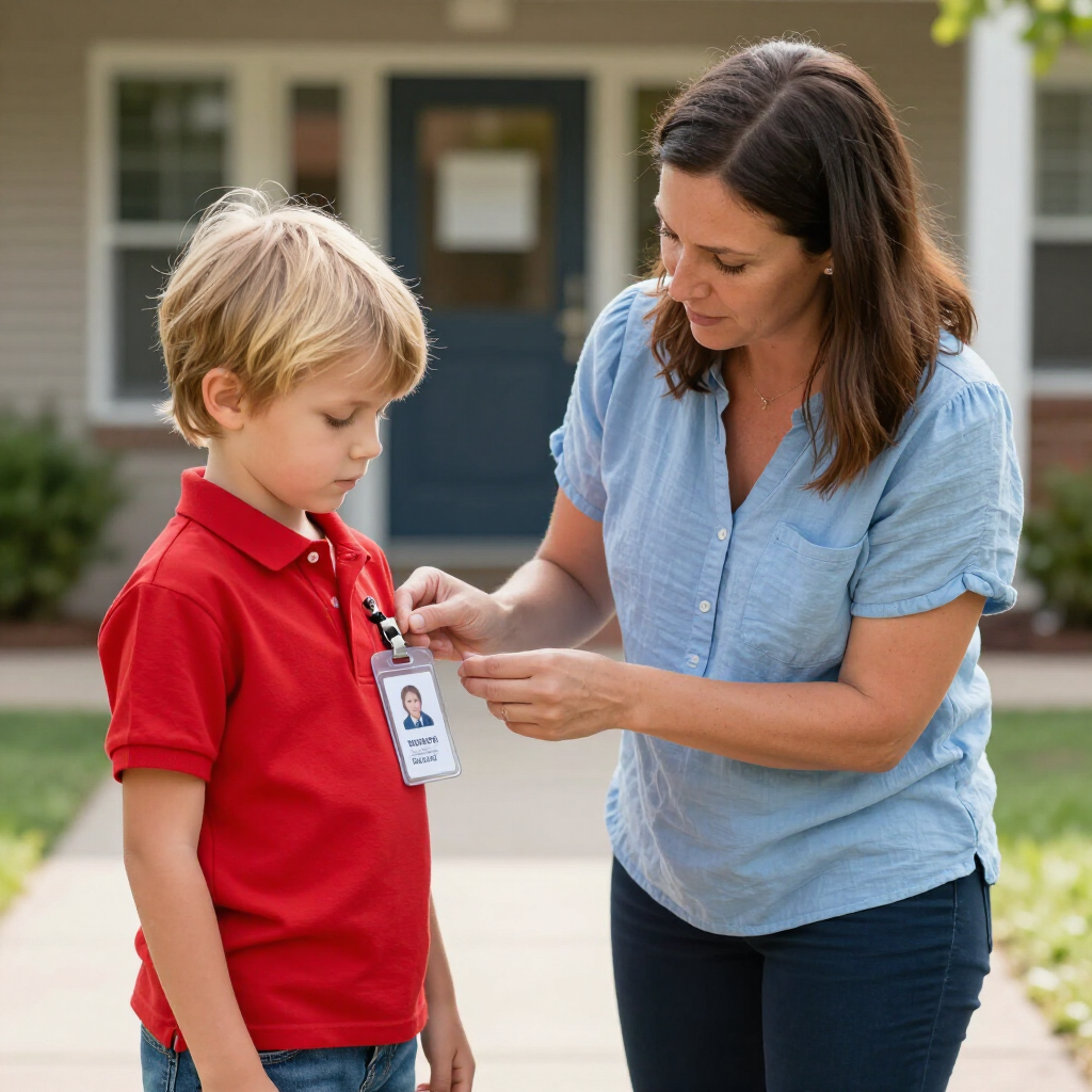 Woman helping child attach ID badge outside a building