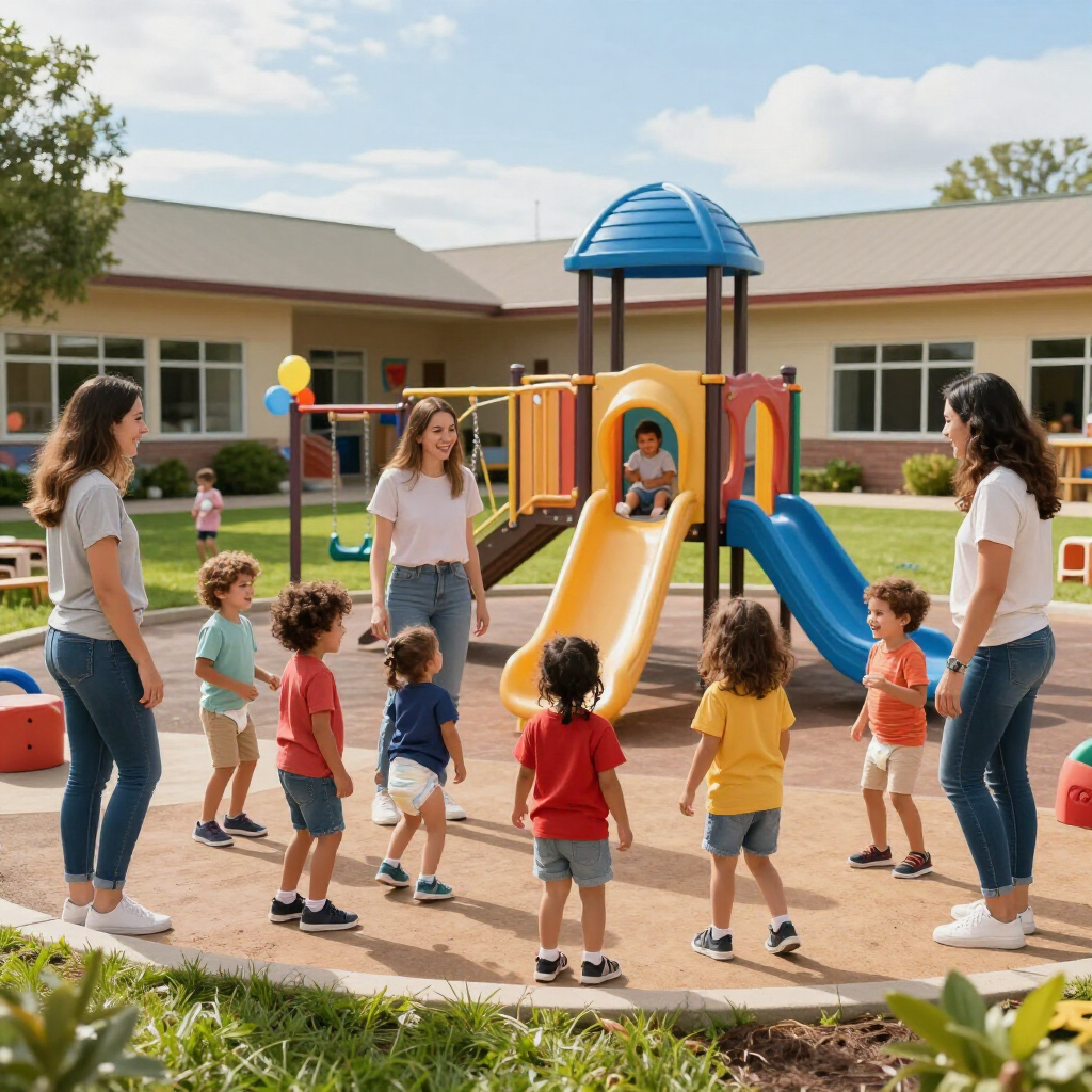 Children playing on a colorful playground with slides in a sunny school courtyard