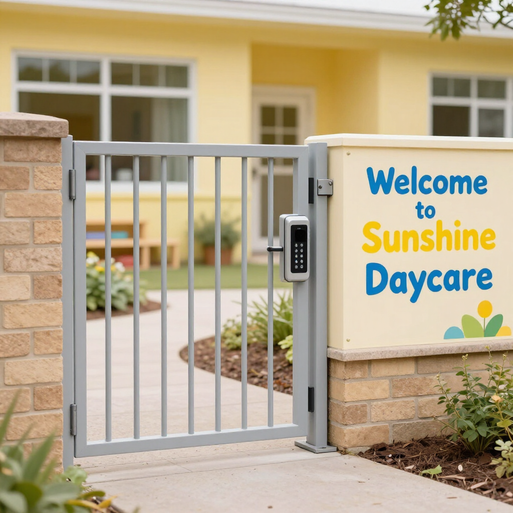 Sunshine Daycare entrance with metal gate and sign on brick wall
