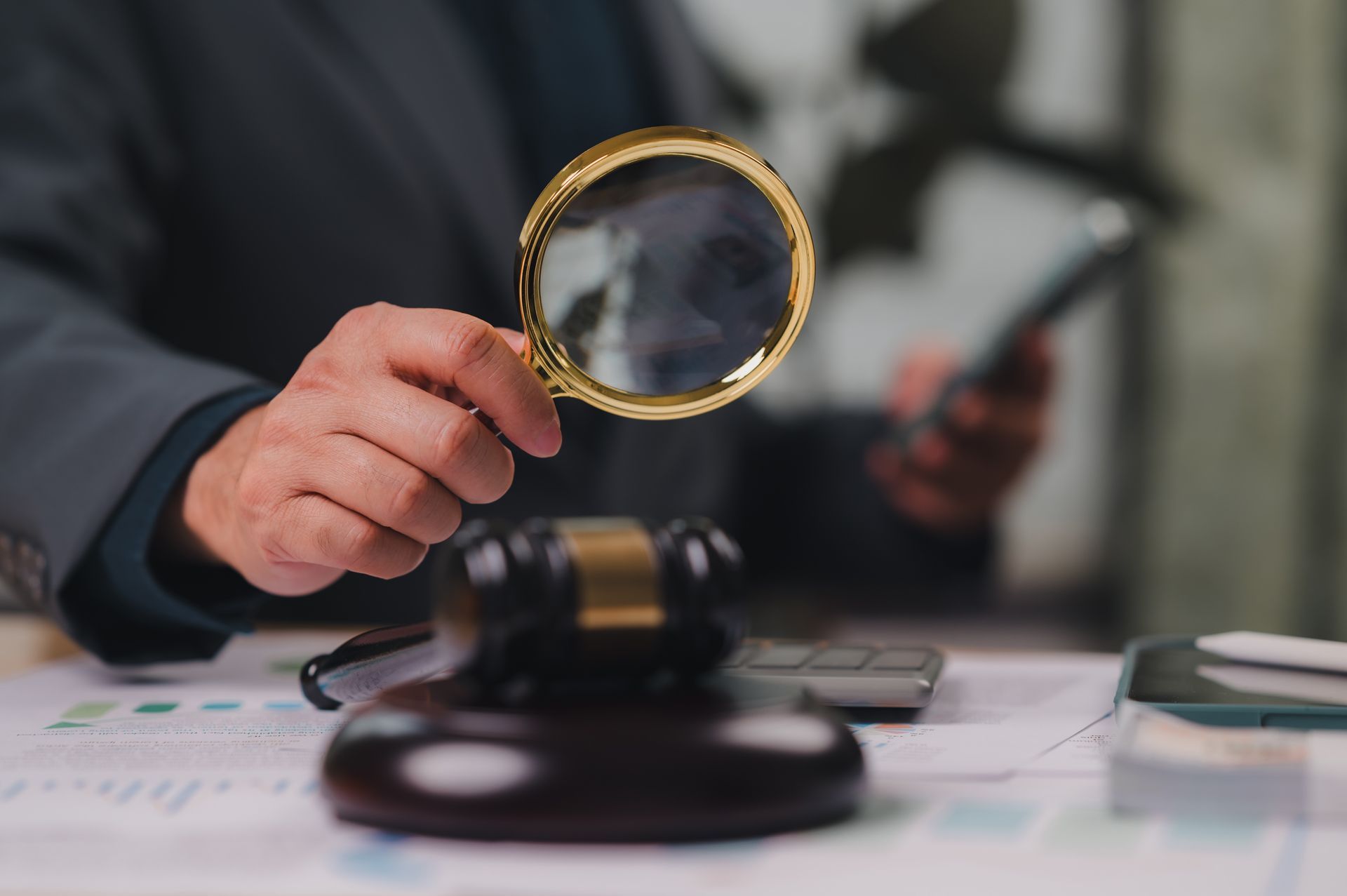 Hand holding a magnifying glass over a judge’s gavel on a desk, with paperwork in the background