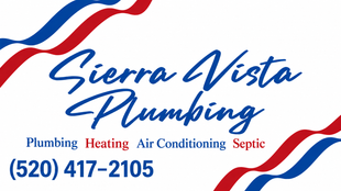 Sierra Vista Plumbing logo with red and blue waves, services listed, and phone number (520) 417-2105