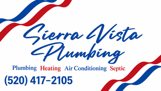 Sierra Vista Plumbing logo with red and blue waves, services listed, and phone number (520) 417-2105