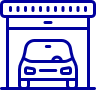 A car is parked in a garage with a garage door open.