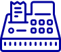 A blue icon of a cash register with a receipt on it.