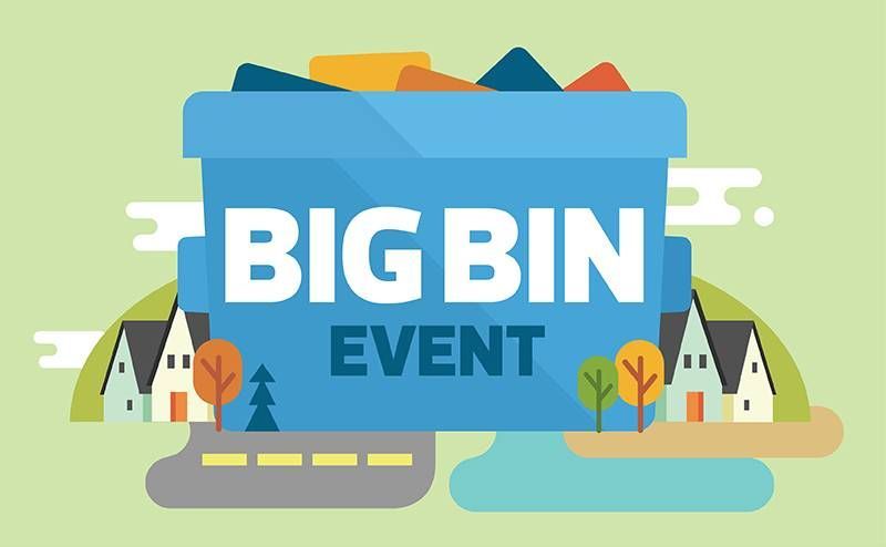 A blue box with the words big bin event written on it