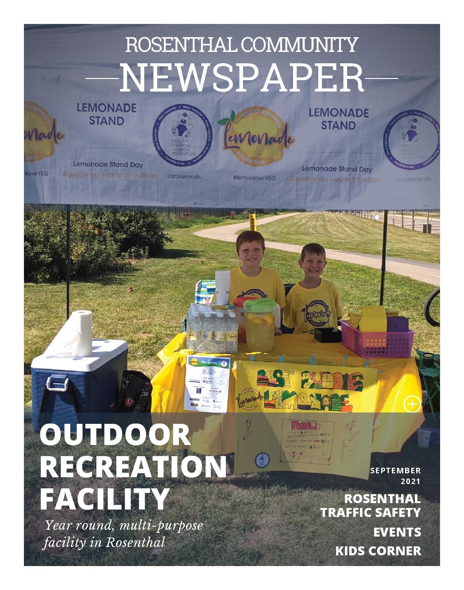 The cover of the rosenthal community newspaper features a lemonade stand.