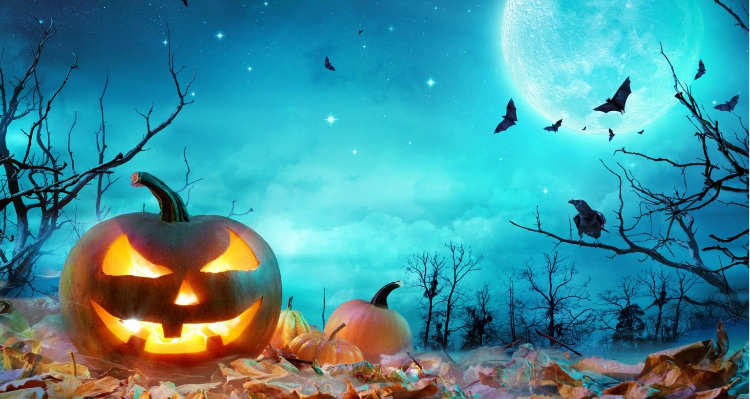 A halloween pumpkin with a face carved into it is sitting on top of a pile of leaves.