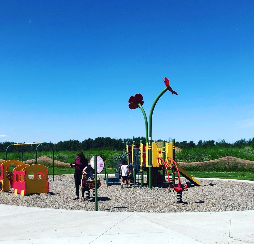 A playground with a flower in the middle of it