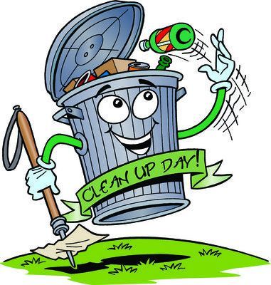 A cartoon illustration of a trash can holding a shovel and a sign that says clean up day.