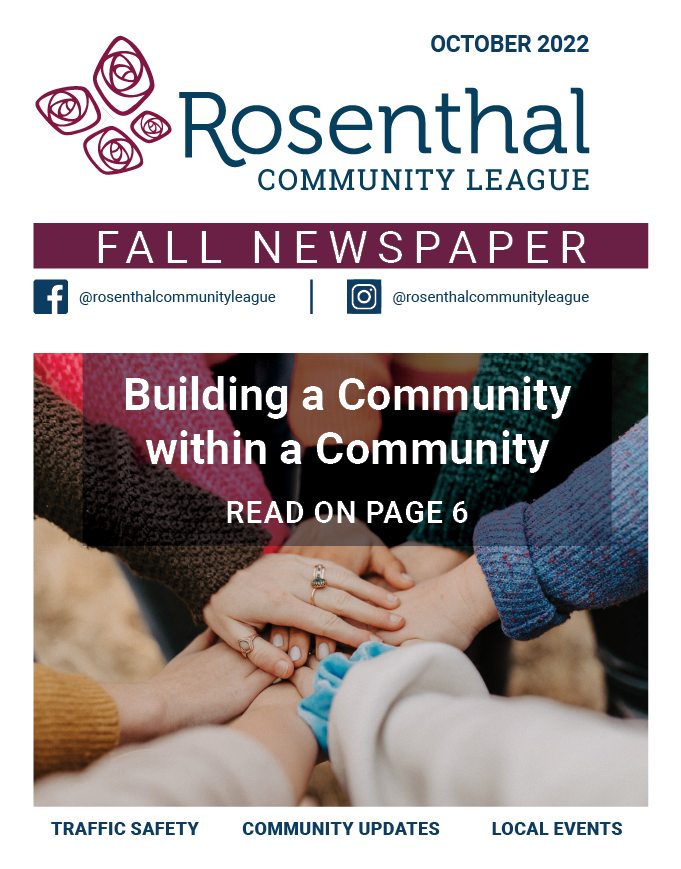 The cover of the rosenthal community league fall newspaper shows a group of people putting their hands together.