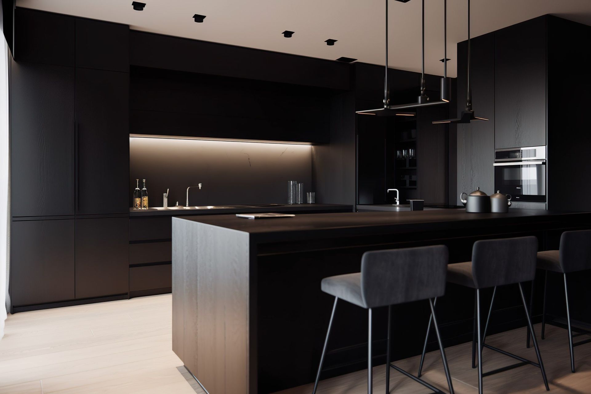 A kitchen with black cabinets and stools and a large island.