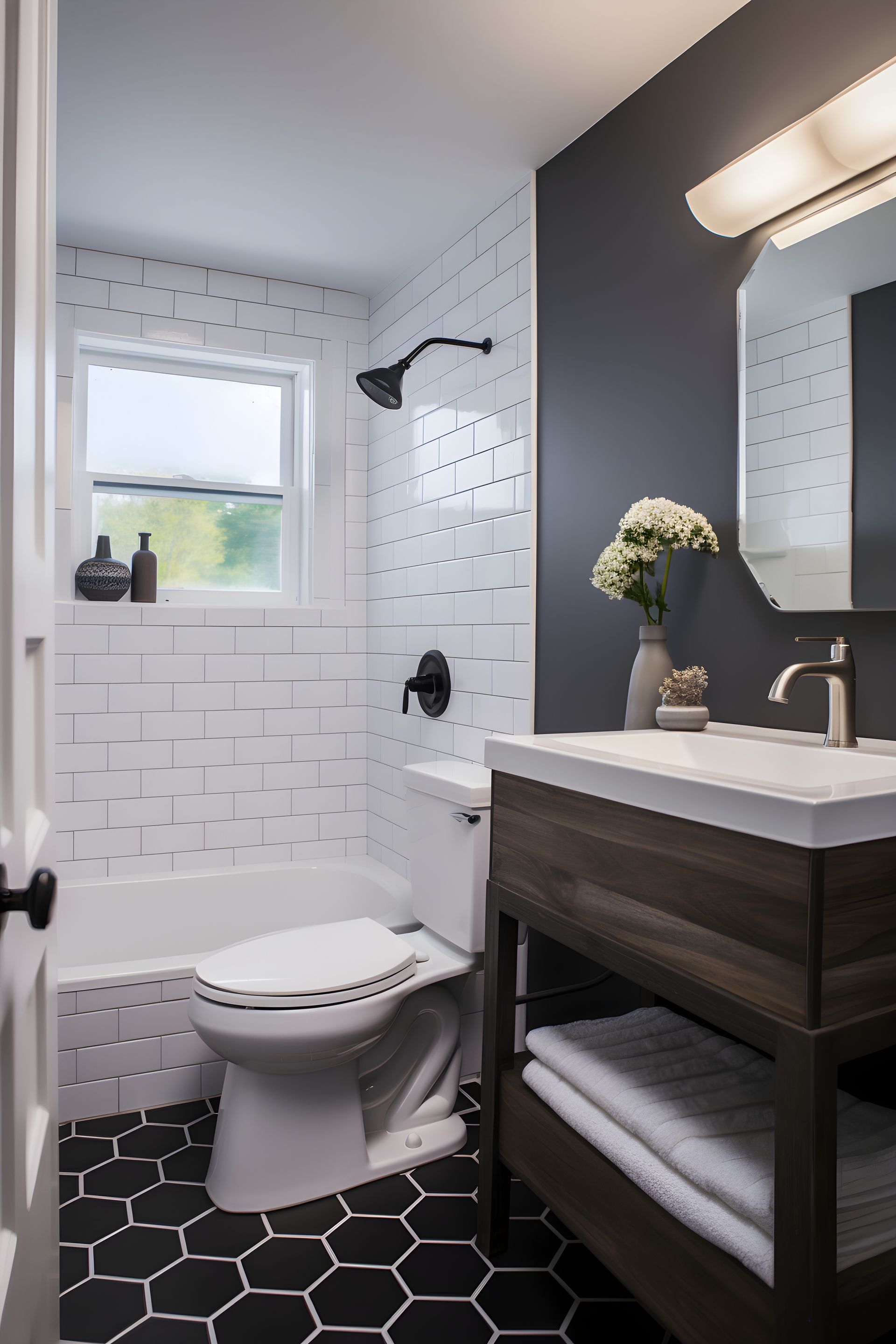 a bathroom interior with a large mirror and a sink