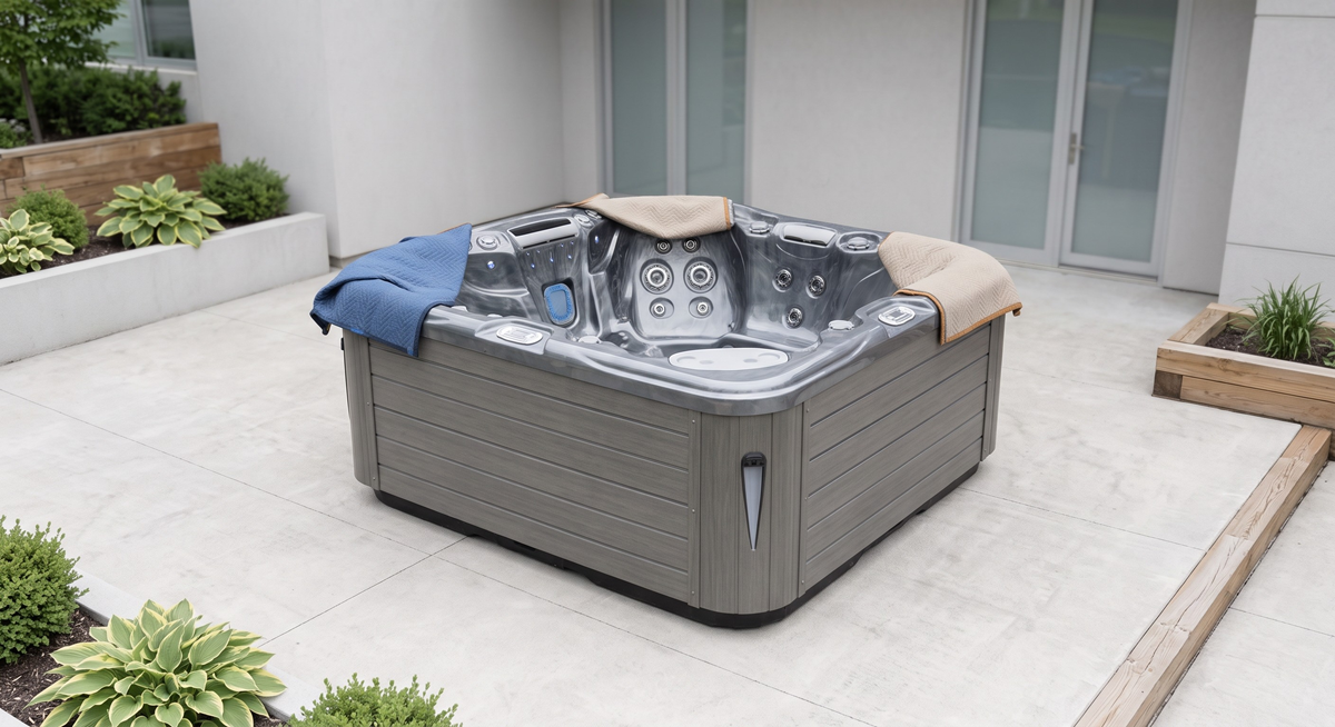 Hot tub crane lift over a fenced backyard