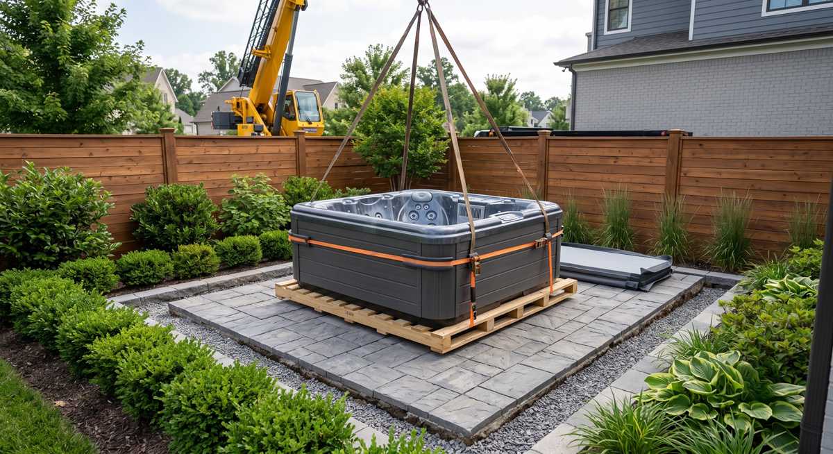 Technicians preparing a spa for safe transport across town