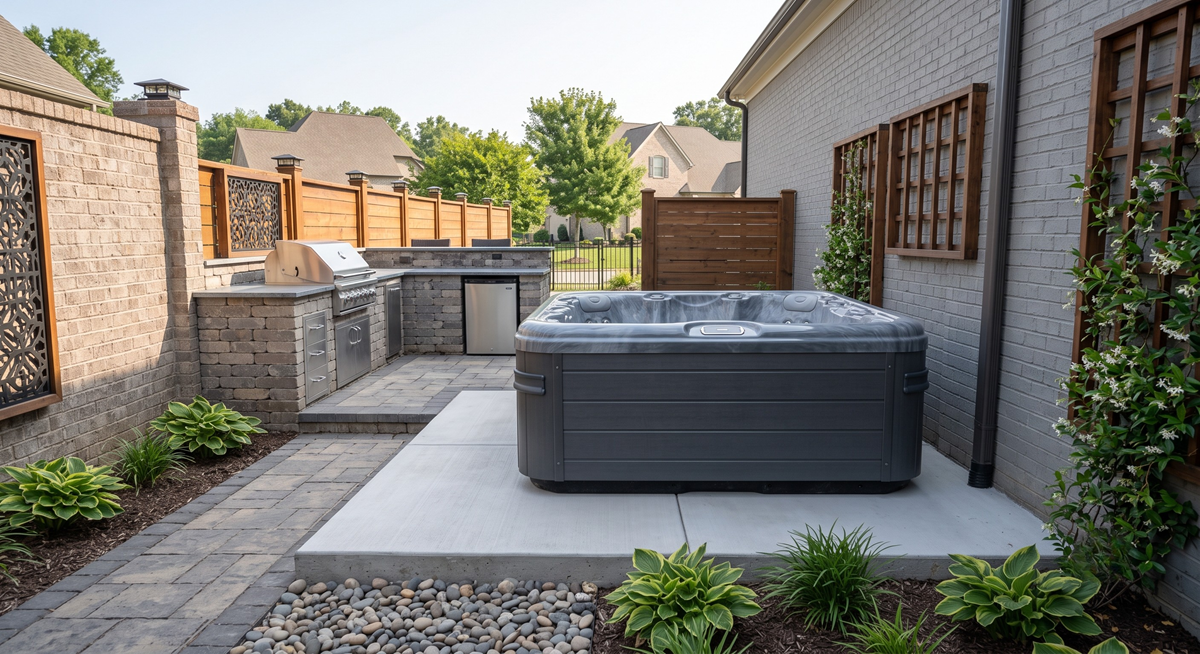 Hot tub installation equipment staged for a residential project