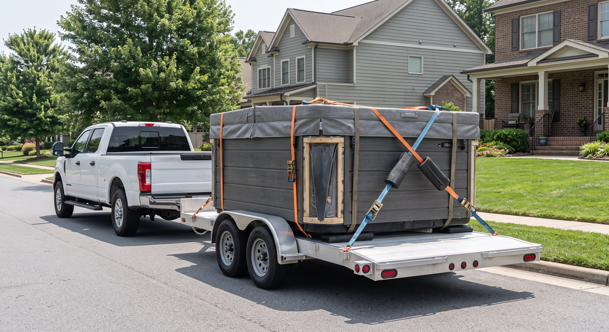 Team relocating a spa from deck to ground level