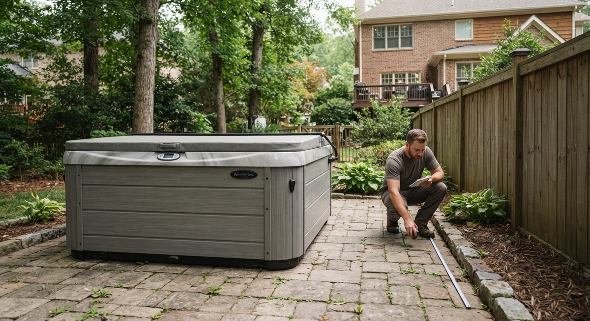 Hot tub transport vehicle arriving at a property