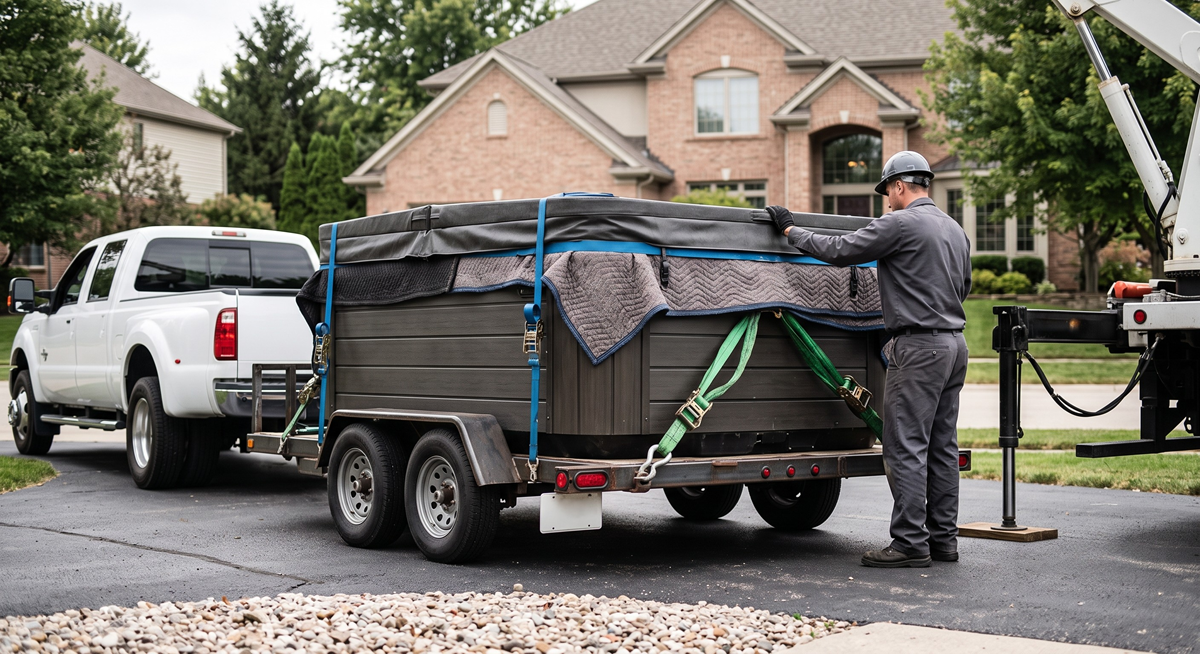 Residential hot tub relocation with protective moving equipment