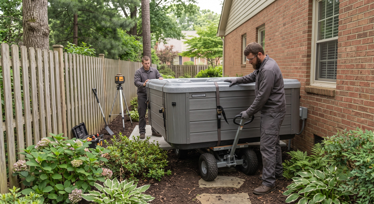 Technicians preparing a new hot tub installation at a Durham home.
