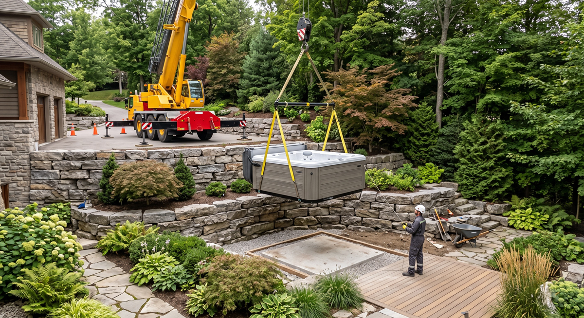 Hot tub crane lift over backyard fence at residential property