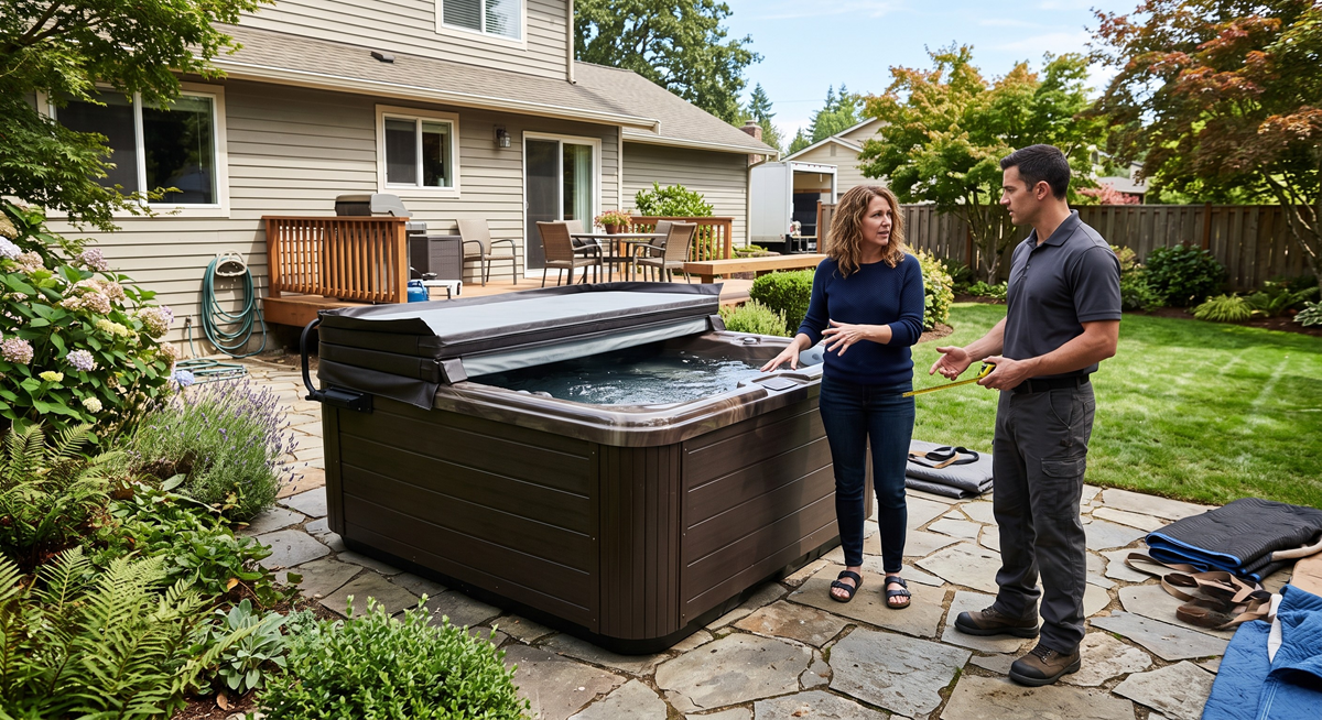 Backyard hot tub relocation with protective moving equipment
