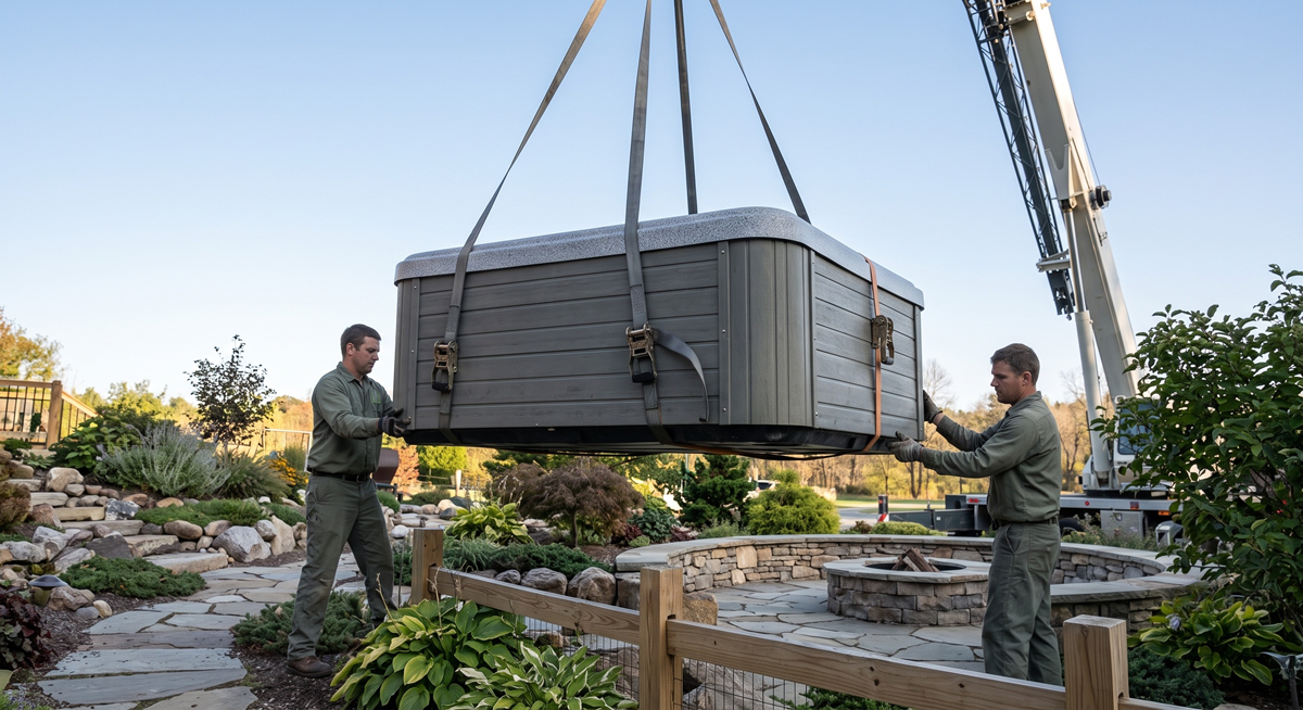 Spa movers navigating limited-access outdoor space
