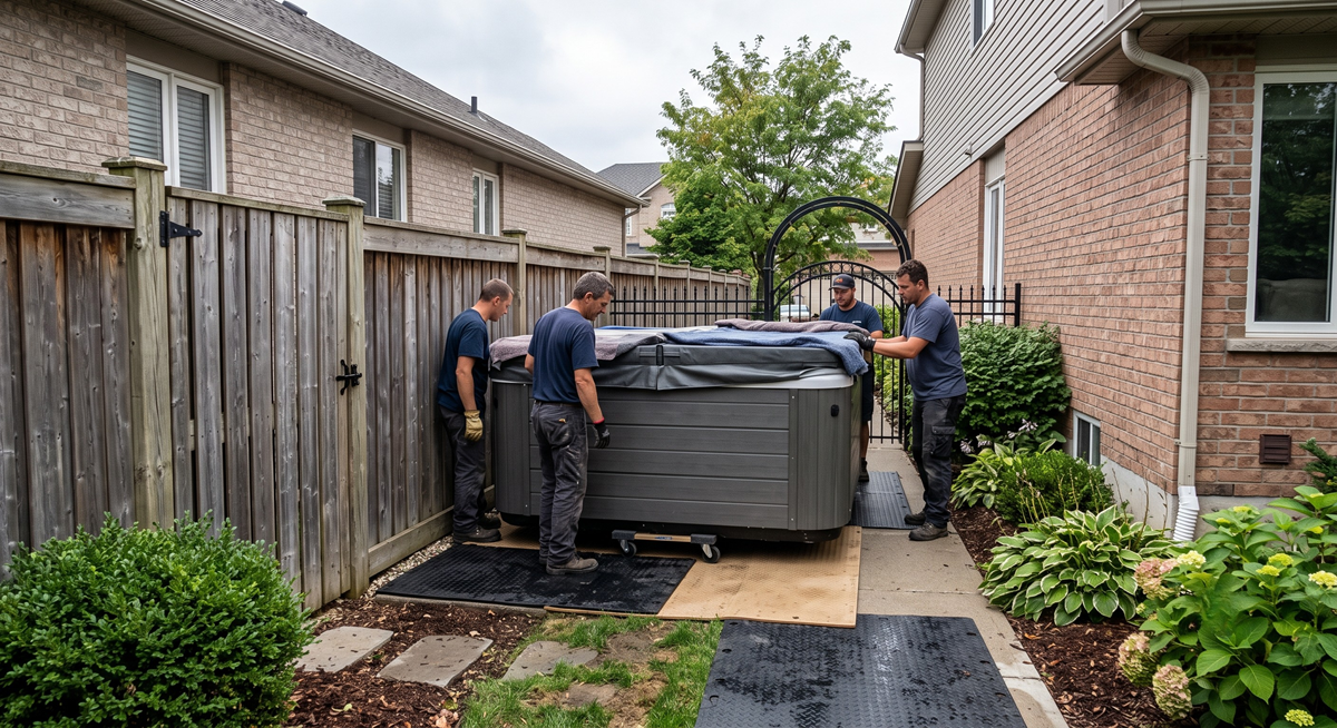 Homeowner supervising hot tub placement in backyard
