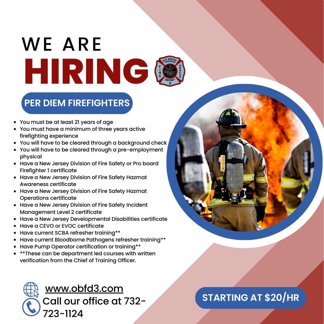 ad: Help wanted, Old Bridge per diem firefighters from Matawan NJ