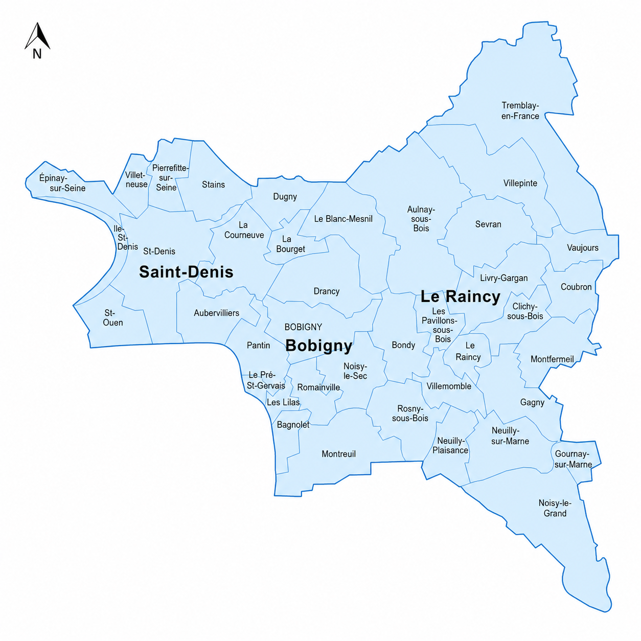 Carte bleu clair des communes françaises de Seine-Saint-Denis, avec les noms Saint-Denis, Bobigny et Le Raincy.