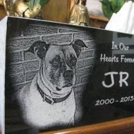 Engraved memorial plaque with a dog portrait and the text “In Our Hearts Forever JR 2000–2013”