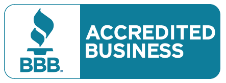 BBB Accredited Business logo with teal and white text and flame icon