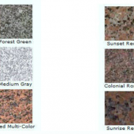 Stone color swatches labeled Forest Green, Medium Gray, and Sunset Red, Colonial Red, Sunrise Red.