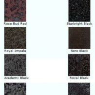 Grid of small stone swatches labeled Rose Bud Red, Starlight Black, Royal Impala, Nero Black, Academy Black, and Royal Black
