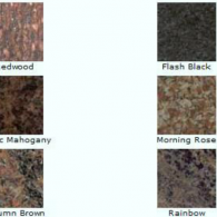 Grid of six textured color swatches labeled Redwood, Flash Black, Mahogany, Morning Rose, Autumn Brown, and Rainbow.