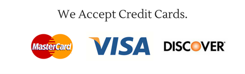 We accept credit cards: MasterCard, Visa, and Discover logos.