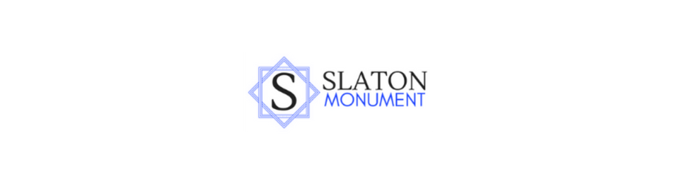 Slaton Monument logo with a blue “S” emblem and black-and-blue text on a white background