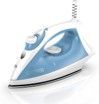 A blue and white iron is sitting on a white surface.