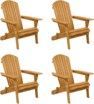 A set of four wooden adirondack chairs on a white background.